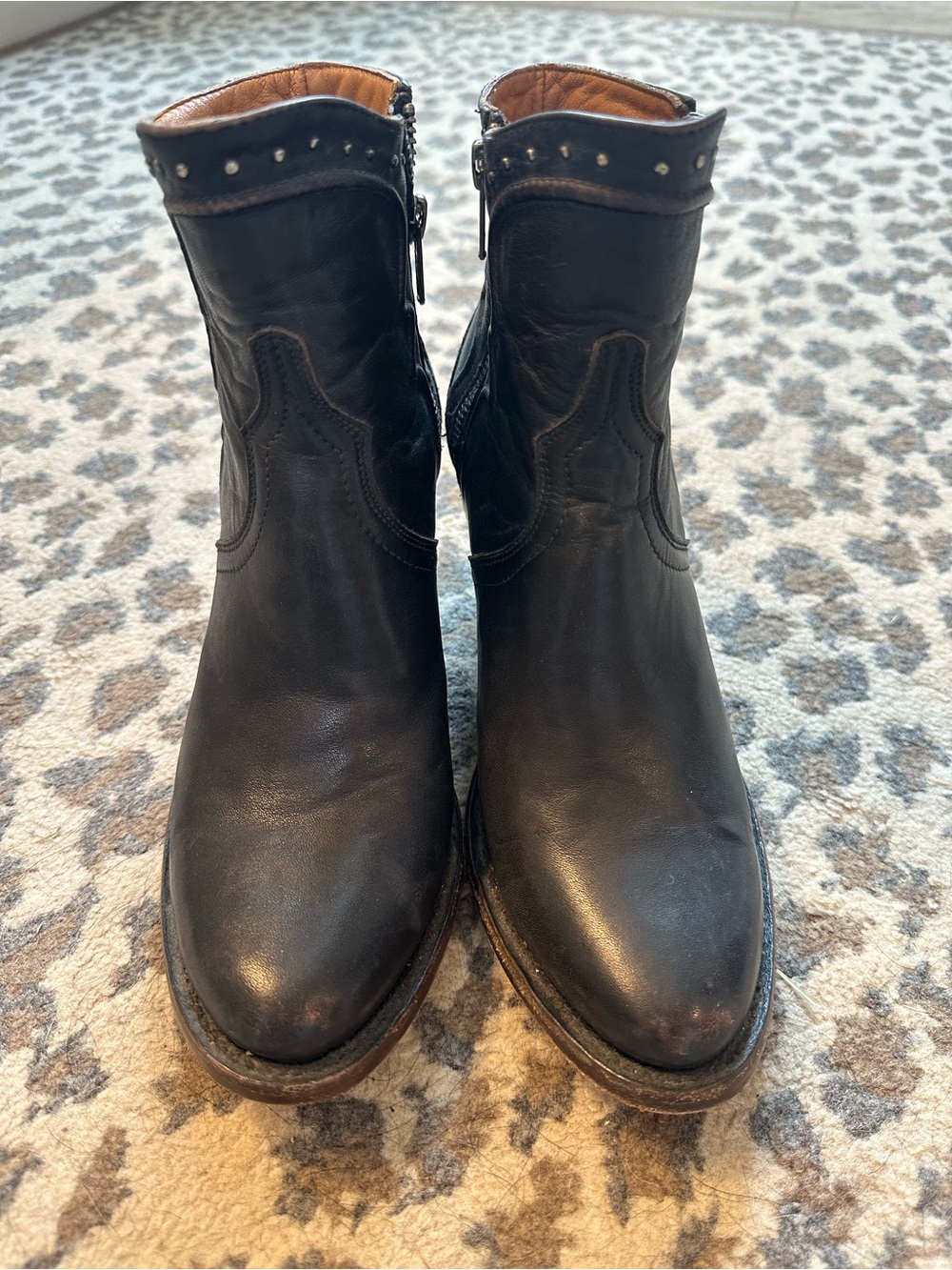 Lucchese Black Leather Stud-Trim Ankle Booties